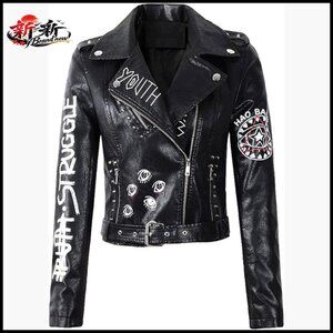 Print Faux Leather Punk Biker Jacket with Belt